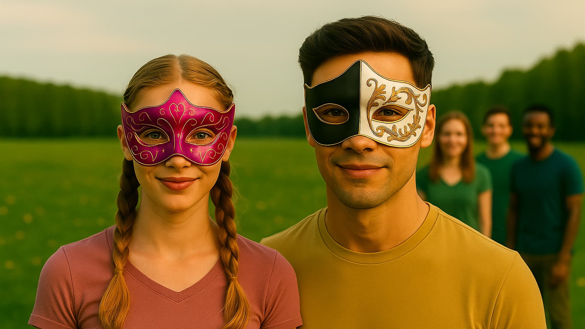 People wearing the eight Avlli archetype masks